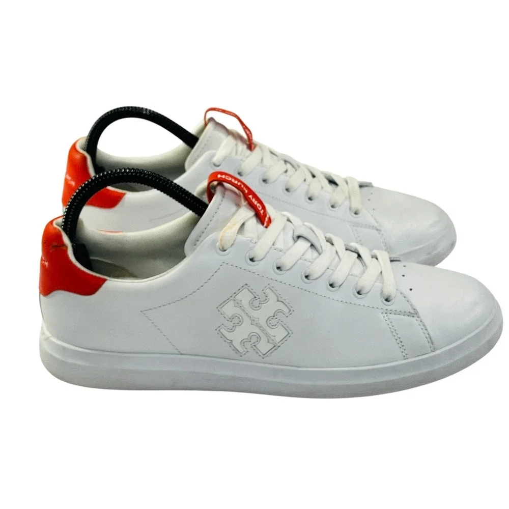 Tory Burch Double T Howell Court Sneaker Women 9 White Red Leather Designer Shoe